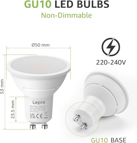 Lepro GU10 LED Bulbs, Warm White 2700K, 4.5W 345lm, 50W Halogen Spotlight Bulb Equivalent, Energy Saving GU10 LED Light Bulbs, 100° Wide Beam, Non-dimmable, Pack of 10