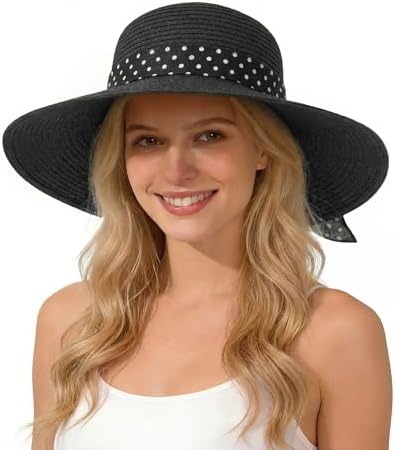 Trendy Apparel Shop Summer Polka Dot Ribbon Band Wide Brim Straw