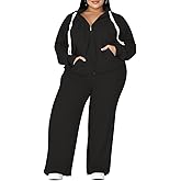 UOUA Plus Size Womens 2 Piece Sweatsuits Outfits Zip Up Jackets & Wide Leg Sweatpants Casual Loungewear Tracksuit Sets