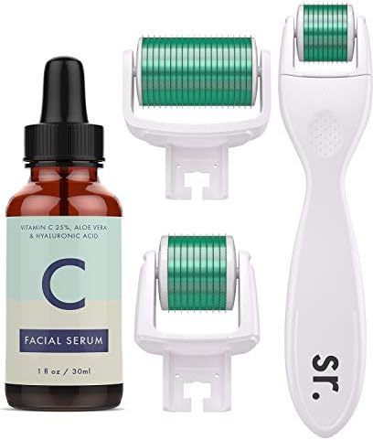 Derma Roller Kit and Vitamin C Serum with Hyaluronic Acid - 5-in-1 Skin Roller Needling Set - Skin Care Microneedle Roller for Face and Body with 3 Titanium Micro Needle Heads (.30mm) - Dermaroller