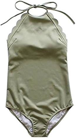 Value World High Neck Halter Low Back Scalloped Edge Monokini One Piece Swimsuit, Green, S