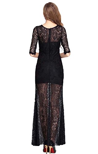 V.C.Formark Women's V Neck Lace Sleeves Beading Long Evening Party Prom Dress,Black,S