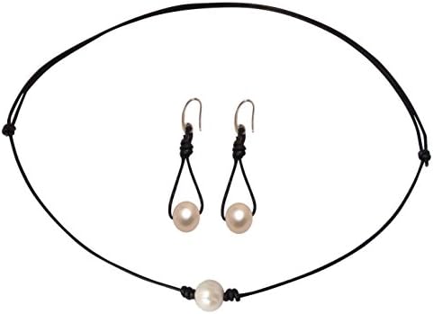 Simply Poppies 15" to 30" Adjustable Leather Cord and Pearl Choker with Single Pearl Drop Earrings Set (Black-White)