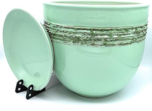 Sun Cakes Glazed Terracotta Flower Pot with Saucer Round Planter with Drip Tray Plant Pot Clay Coloured Flower Ring Stripe (20cm x 17cm, Mint/Green)