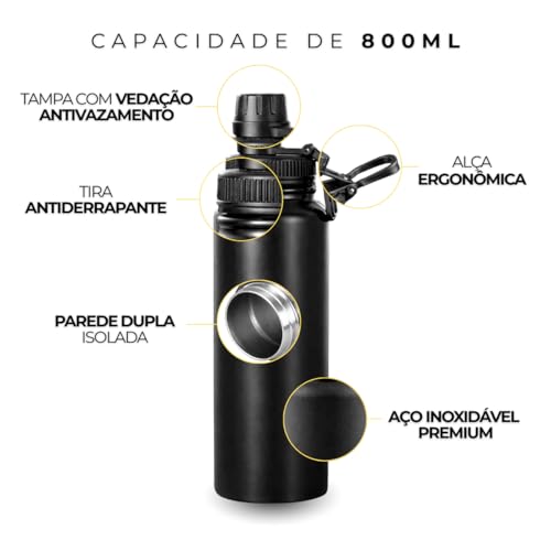 Garrafa Térmica Inox 800ml com Alça Parede Dupla Antivazamento Fitness Gyms - Preta