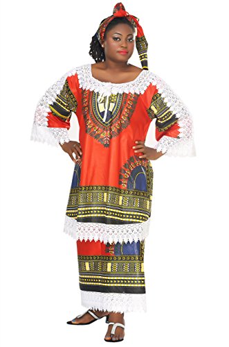 African Planet Women's Dashiki 3 Piece Skirt Top Gele Headwrap Set with Lace