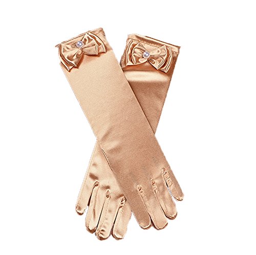 Honeyveil Girl's Cute Beading Bowknot Solid Color Fullfinger Long Formal Gloves