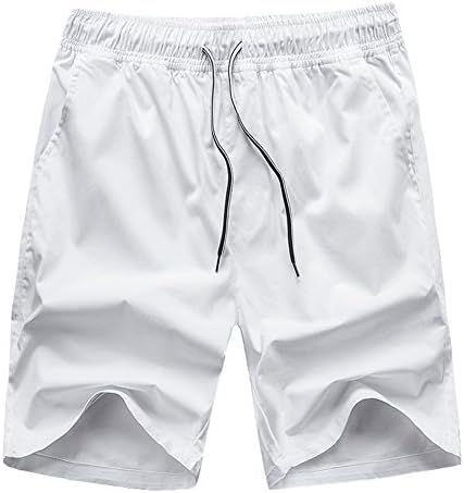 VANCOOG Men's Casual Cotton Beach Shorts with Pockets Drawstring Walk Short (Large, White)