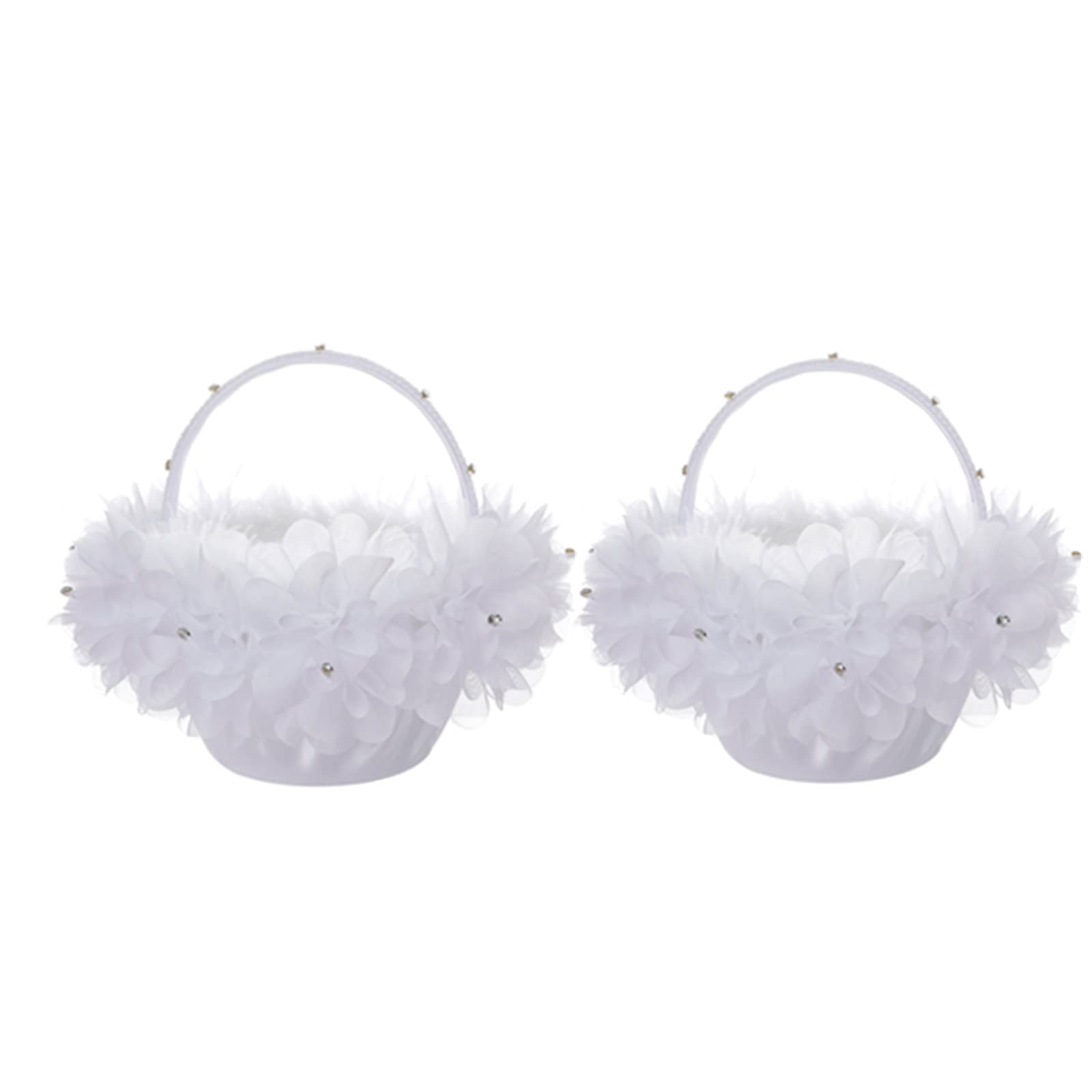 Photo 1 of 2PC Flower Girl Baskets, White Satin Cloth Baskets with Faux Lace Flowers Decor for Wedding Ceremony Party Desktop Decor
