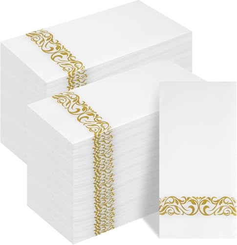 Photo 1 of I00000 200 Pack Gold Napkins Disposable Hand Towels, Soft and Absorbent Christmas Bathroom Napkins Disposable, White and Gold for Christmas Party