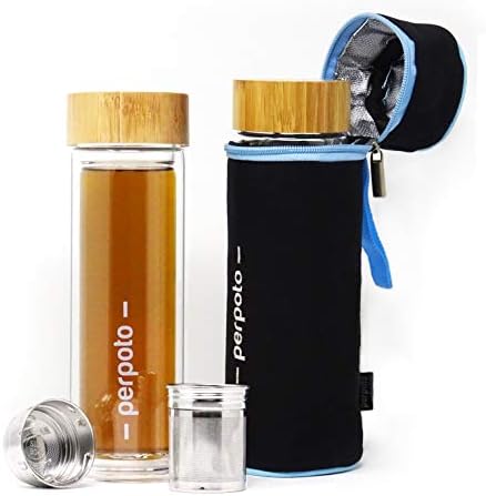 PERPOTO Tea Infuser Bottle : Double-Walled Glass Tumbler/Travel Mug with Bamboo Lid and Thermal Bag for Tea and Fruit Infusions (400ml, Black/Blue Bag)