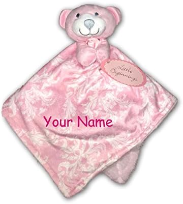 Personalized Little Beginnings Baby Pink Bear Mink Damask Sherpa Soft Lovie Blanket - 12 Inches