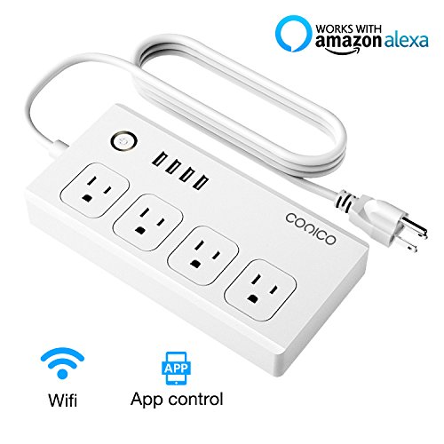WiFi Smart Power Strip, Conico Smart Surge Protector with 4 USB Ports and 4 Outlets for Multip-Plug Socket Connector Extension Cord, Works with Alexa, Voice Controlled by Amazon Echo WiFi Smart Power Strip, Conico Smart Surge Protector with 4 USB Ports and 4 Outlets for Multip-Plug Socket Connector Extension Cord, Works with Alexa, Voice Controlled by Amazon Echo