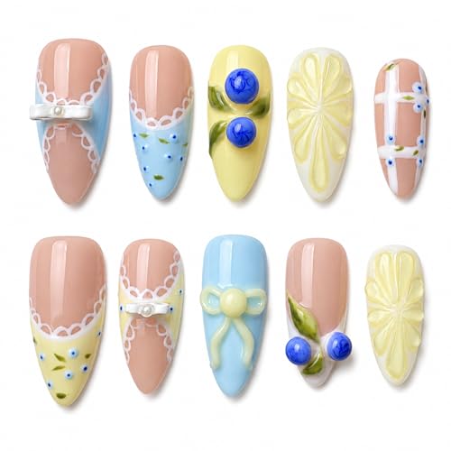 Tesytto 3D Blueberry Press on Nails, Handmade Medium Almond Fake Nails Kit at Amazon