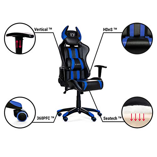 Diablo-X-One-Horn-Sedia-Gaming-da-Ufficio-Braccioli-Regolabili-Meccanismo-di-Inclinazione-Cuscino-Lombare-Finta-Pelle-Portata-Fino-150-kg-NeroBlu