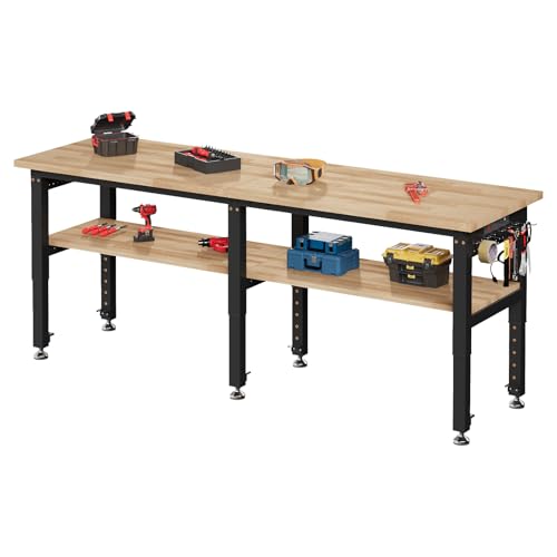 SPECRAFT Adjustable 2-Tier Workbench with 4 AC Outlet and 2 USB Ports Power Outlets, 2000 Lbs Capacity Heavy Duty Workbench, Rubber Wood Top for Garage, Workshop, Office（84x20in）