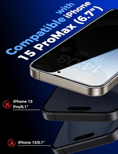 MAGIC JOHN 2 Pack for iPhone 15 Pro Max 6.7 inch Privacy Glass Screen Protector, Auto Dust-Elimination Installation, Bubble Free, Easy Installation