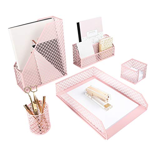 Blu Monaco Office Supplies Pink Desk Accessories for Women-5 Piece Desk Organizer Set-Mail Sorter, Sticky Note Holder, Pen Cup, Magazine Holder, Letter Tray-Pink Room Decor for Women and Teen Girls