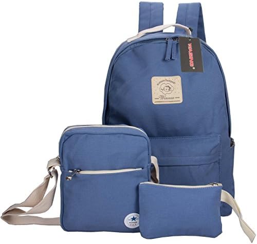 WASING Canvas Dot Backpack Cute Lightweight Teen Girls Backpacks School Shoulder Bags (3PCS-Lightblue)