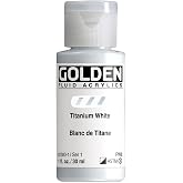 GOLDEN Fluid Acrylics, Titanium White, 1 fl. oz. Bottle | Artist grade acrylic paint with rich pigment load and a flowing constency useful for even coverage and fine details.