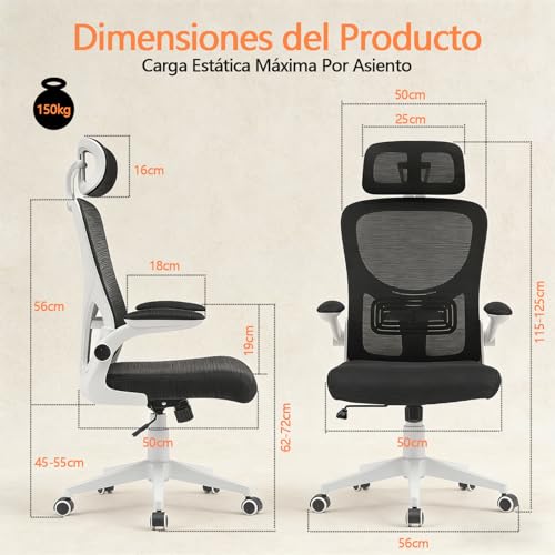Silla de Oficina con Soporte Lumbar,Silla De Escritorio Ergonómica con Altura Ajustable,con Función de Bloqueo de Inclinación,Silla Ergonomica con Reposacabezas Ajustable,Respaldo Alto,con Ruedas