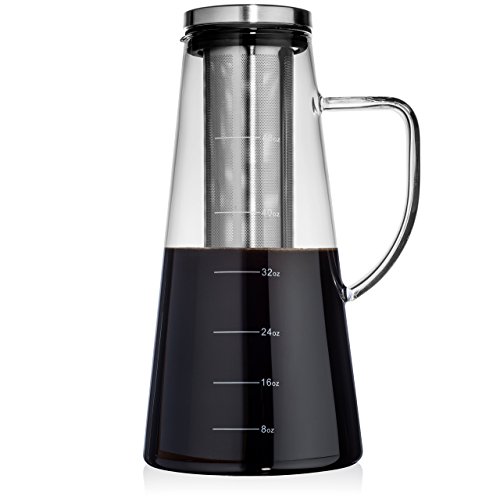 Click Here to See More Images Large Cold Brew Coffee Maker, 1.5L/48oz Premium Quality Glass Carafe with Airtight Stainless Steel Lid Brews Hot or Iced Coffee & Tea, Removable Fine Mesh Filter/Fruit Infuser, Bonus Cleaning Sponge