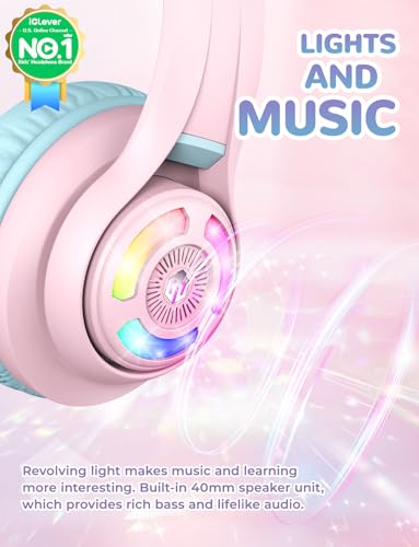 iClever Bluetooth Kids Headphones, BTH13 Cat Ear LED Light Up Kids Wireless Headphones, 50H Playtime, 74/85dBA Volume Limiting Children Headphones with Microphone Over Ear for School/Tablet/PC