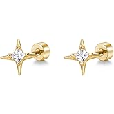 Cute 20G CZ Star Flat Screw Back Small Stud Earrings for Women Men Dainty Stainless Steel Crystal Cartilage Tiny Tragus Piercing Sleeper Studs Hypoallergenic Jewelry for Niece Daughter