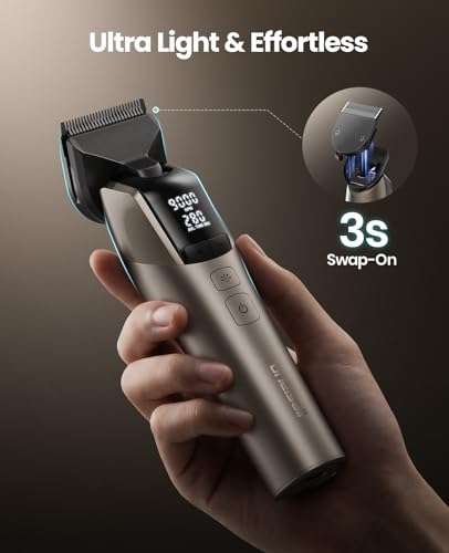 oneisall Professional Dog Grooming Clippers for Thick Hair at Home | 9000RPM, 5-Speed, 5-in-1 DLC Blade, 280-Min Runtime, Low Noise, Magnetic Head, 8 Metal Guide Combs, Cordless, Carrying Case