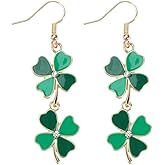 St Patrick’s Day Crystal Shamrock Dangle Drop Earrings for Women Gold-tone Green Enamel Four Leaf Clover Dangling Lightweight Fashion Jewelry for Festive Party