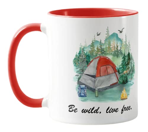 Vixar Tent, Camping,Caravan,Be Wild, Live Free, Holiday, Ceramic Mug Cup Coloured,11oz, Novelty Gift, Joke (Red)