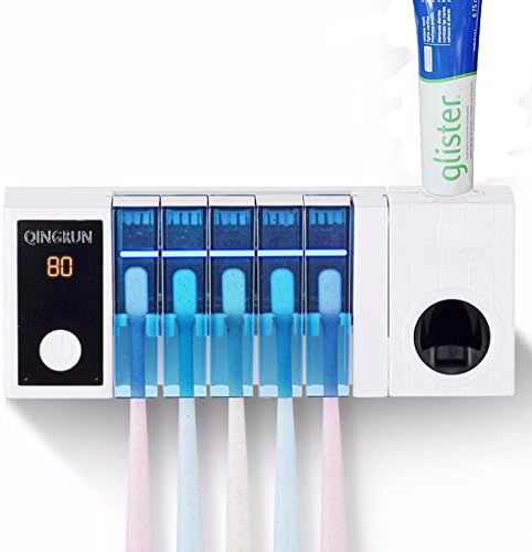 Toothbrush Holder Ultraviolet Toothbrush Sterilizer Automatic Toothpaste Dispenser Timing Sterilization Thermostatic Heating Drying Toothbrush Holder Set with 5 Toothbrush Slots for Bathroom