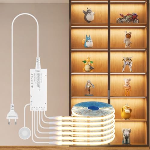AIMENGTE COB LED Strip 1m, 6 Rolls 12V Warm White Acoustic Panels COB LED Strip Cuttable, with touch and hand sweep dimmer switch, for wine cabinets, shelves, cabinets