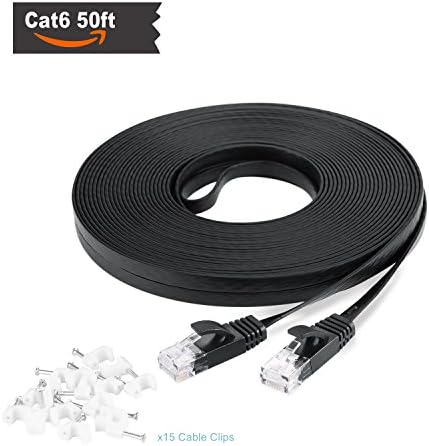 Ikerall Cat6 Ethernet Cable 50 ft Black with Free White Cable Clips RJ45 Flat Ethernet Patch Cable Internet Wire 50 Feet(15 Meters)