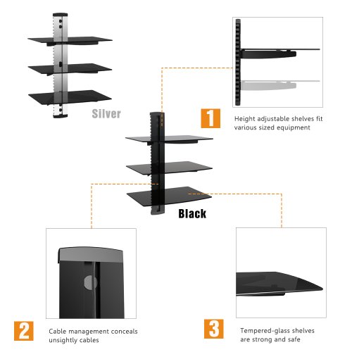 VonHaus 3x Floating Wall Shelves with Strengthened Tempered Glass - Adjustable – Black - DVD Players/Cable Boxes/TV Accessories