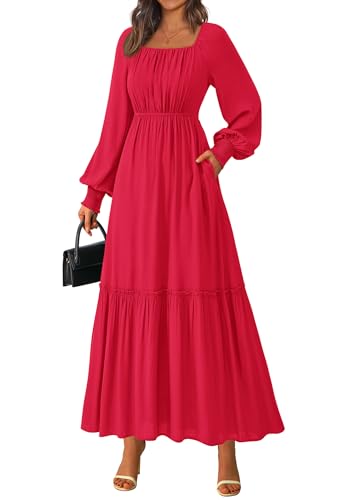 KIRUNDO Casual Fall Dresses for Women 2026 Flowy Long Sleeve Maxi Dress Smocked Empire Waist Square Neck Wedding Party(Red, X-Large) at Amazon