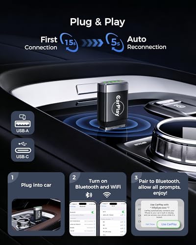 【2026 Advanced】WityEye Mini CarPlay and Android Auto Wireless Adapter, V5.3 Bluetooth, Dual Band WiFi 6, Fast & Stable Connection, USB C/A, for Apple iPhone iOS 10+, Smartphone Android 11+