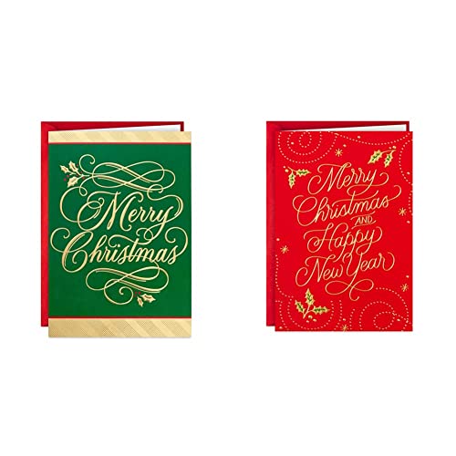 Hallmark Boxed Christmas Cards, Green and Gold (40 Cards with Envelopes) & Boxed Christmas Cards (Red Merry Christmas, 16 Cards and 17 Envelopes)