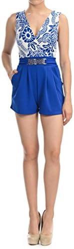 Women's V-Neck Print Sleeveless Short Pants Jumpsuit Romper Paisley Blue Small