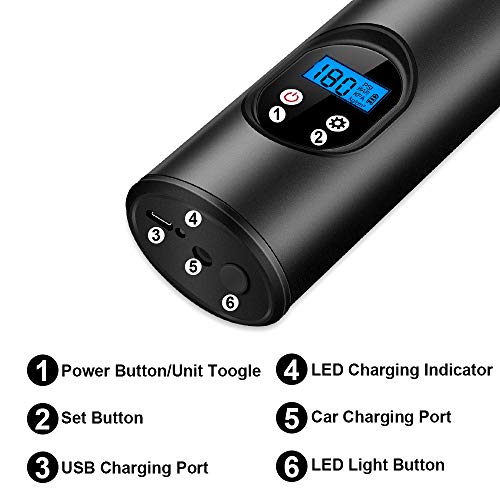 VSTM Portable Air Compressor Mini Air Tyre Inflator Hand Held Tire Pump 2000mAh with Digital LCD LED Light Rechargeable 12V Li-ion Battery 150PSI for Car Bicycle RV Tires and Other Inflatables