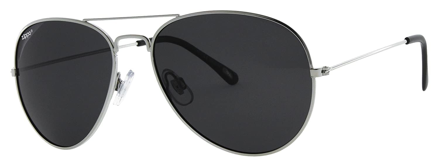 Zippo Eyewear - Flash Pilot Sunglasses - Polarized - UV400 Protection - Zippo Logo - Adult Unisex - Made in USA - Silver Frame, Black Lenses & Temple - Silver