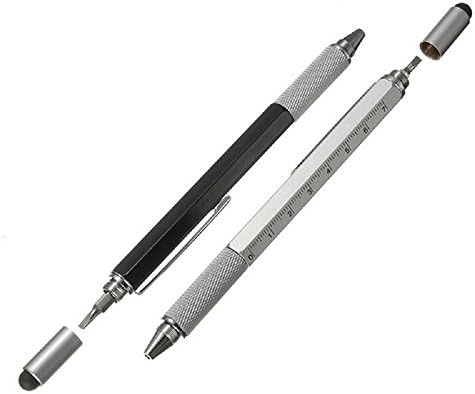 Hidan 6 in 1 Screwdriver Multitool Pen Includes 1 Ballpoint Pen, Universal Stylus, Ruler, 2 x Screwdrivers, Level Gauge - The Perfect Tech Multi-Function Gadget (Silver)