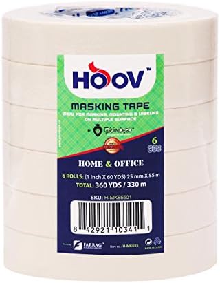 HOOV General Purpose Masking Tape | 1” x 60 Yards In Each Roll – Great for Production Painting, Home and Office Use – Multi-pack Value 6 rolls