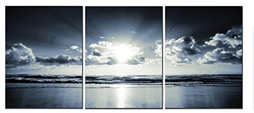 Amoy Art -The Black White Sea Sunset Canvas Wall Art Landscape Canvas Prints for Home Decorations Ready to Hang Set of 3 Panels (12x16inx3)