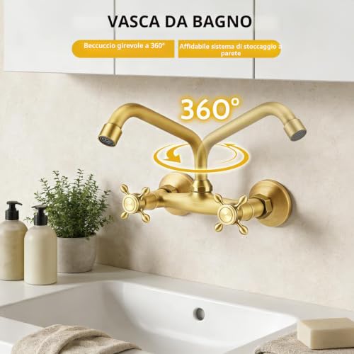 Antique Brass Wall Kitchen Tap, 360° Rotation Sink Mixer, Bathroom Sink Tap with Cross Knobs and Swivel Spout, Wall Kitchen Tap for Bathroom, Kitchen, Laundry