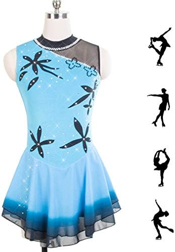 DUBAOBAO Women's Children Figure skating dress/girls' skating dress, sleeveless blue high elastic competition skating dress, handmade