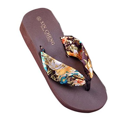 Summer Sandals,Boomboom ewest Soft Bohemia Floral Beach Sandals Wedge Platform Thongs Slippers (US 5.5, Coffee)