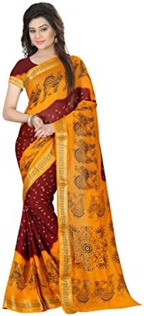 Shopaholic Women's Cotton Silk Bandhej Designer Saree, Free Size, Maroon and Yellow