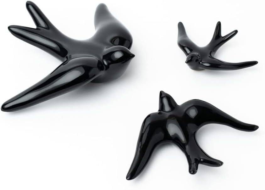 Life in a bag Set of 3 Ceramic Birds Swallows for Wall and Home Decoration, Handmade Ceramic Hanging Ornaments, Swallows for Wall Decoration, Black