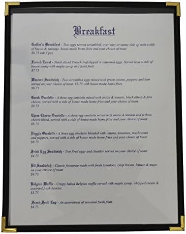 25 Pack - Clear Cafe Restaurant Menu Cover - 11" X 8.5" - Single - Black w/ Brass Corners
